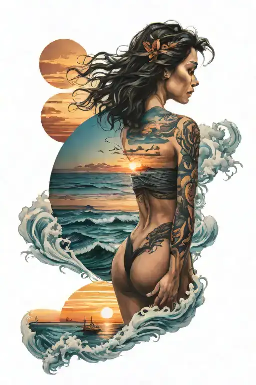 Ocean And Sunset Background With A Woman