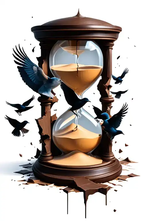 A Broken Hourglass That Has Sand Inside And Crows Flying From The Broken Opening