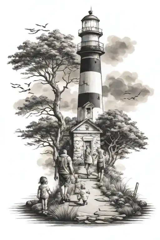 Family On The Path In Front Of The Lighthouse