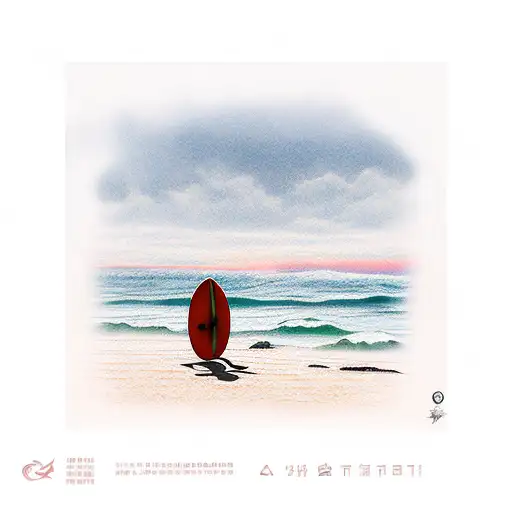 Beach With Sunrise And Surfboard On The Rocks