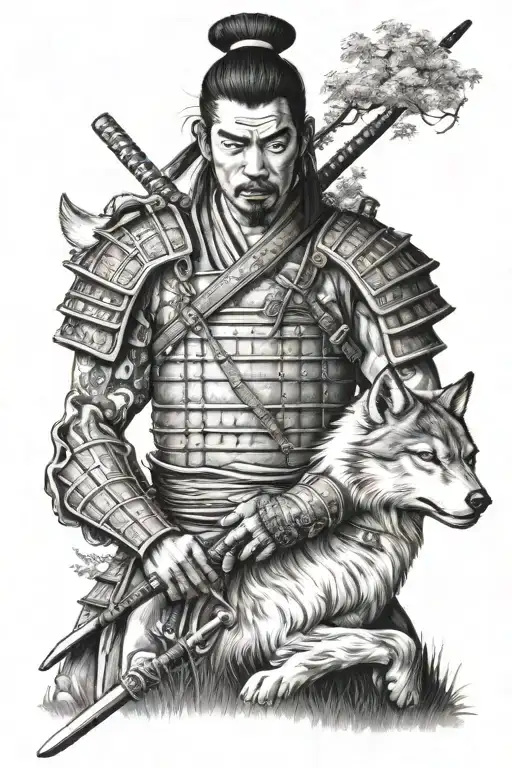Samurai Warrior In A Japanese Garden With A Wolf