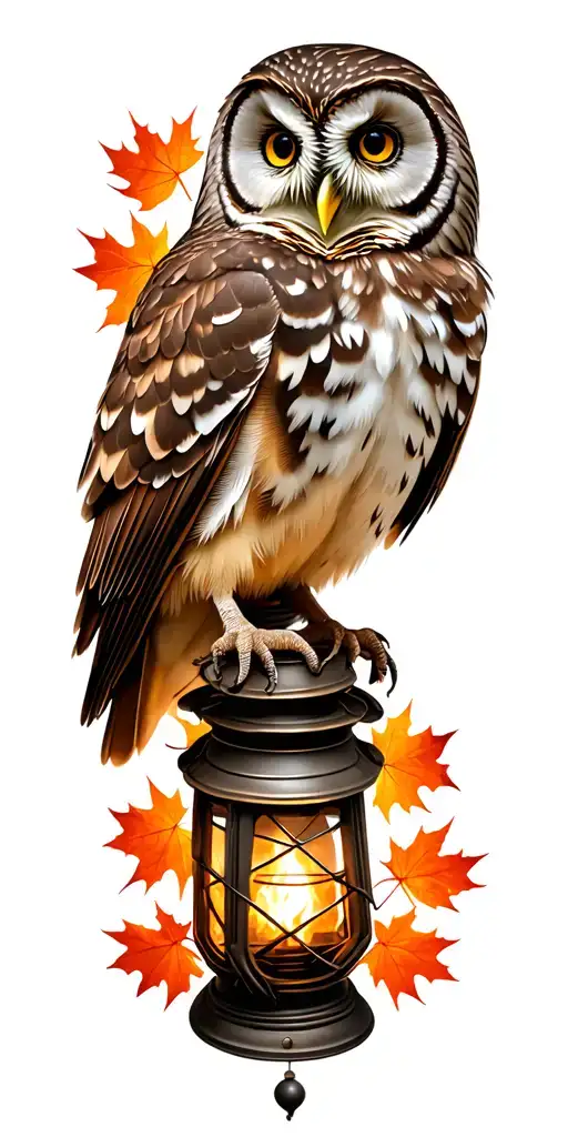Barred Owl Surrounded By Maple Leaves Sitting On Burning Lantern