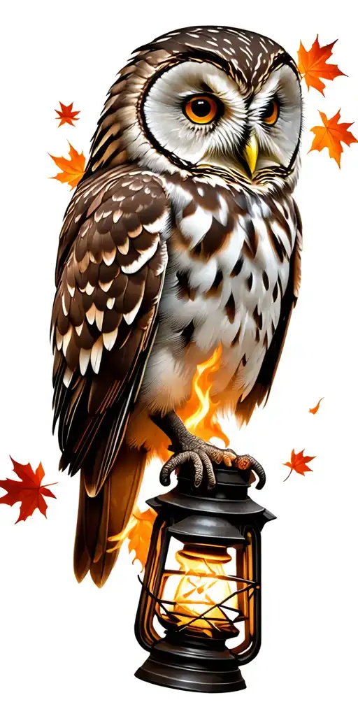 Barred Owl Surrounded By Maple Leaves Flying With Broken Burning Lantern