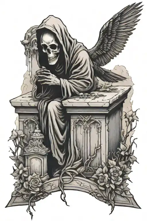 Blackwork Style The Grim Reaper Standing Behind A Grave Praying