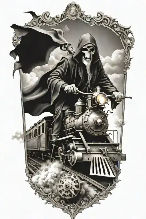 Evil Grim Reaper Riding A Steampunk Train