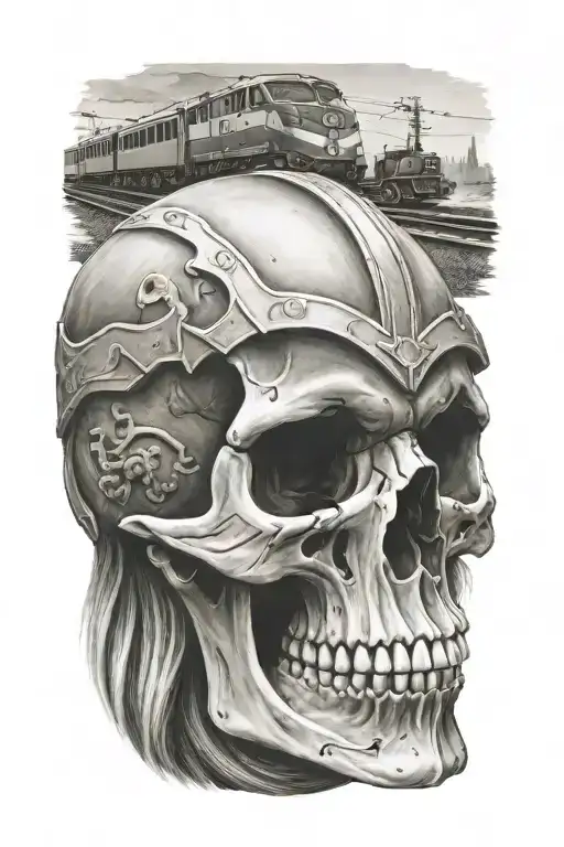 Viking Skull With A Train In The Background