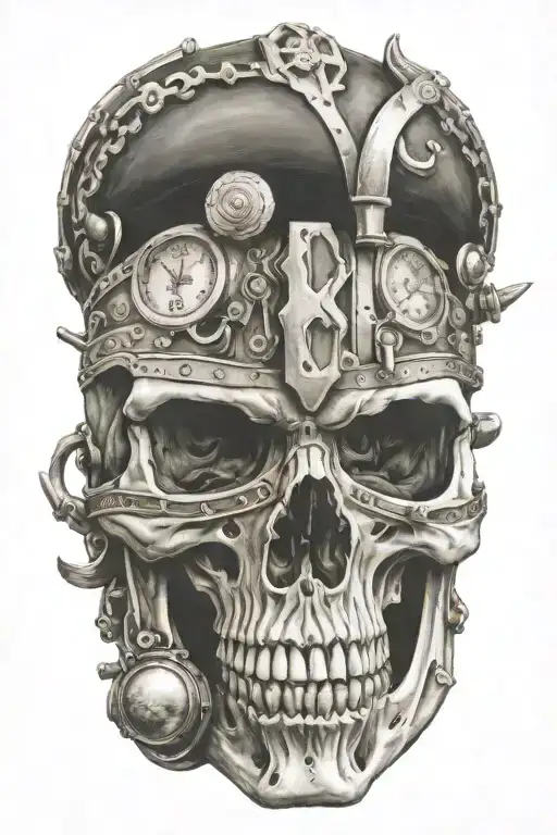 Viking Skull With A Train And Harley Davidson In The Background