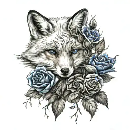 Snow Fox With Black And Blue Roses Growing