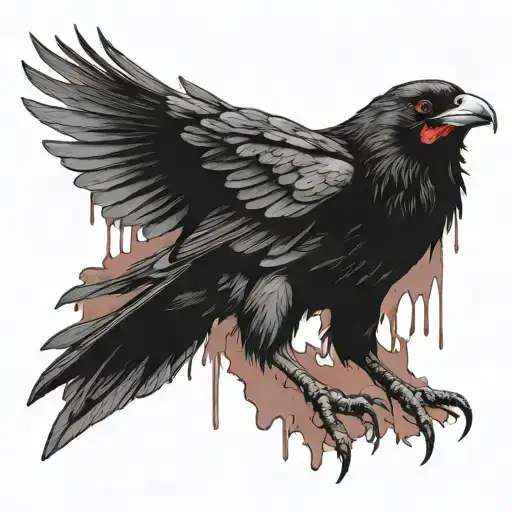 Crow With Red Eyes Surounded By Blood And Corpse