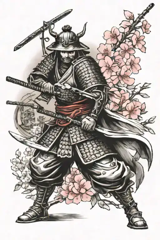 Samurai And Sakura Flowers