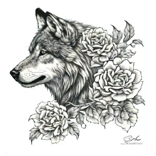 Wolf Half-side With Peonies