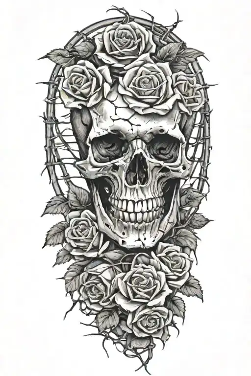 Skull And Roses And Barbed Wire Intertwined