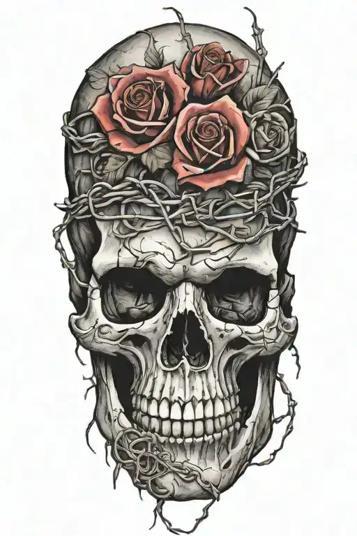 Skull And Roses And Barbed Wire Intertwined
