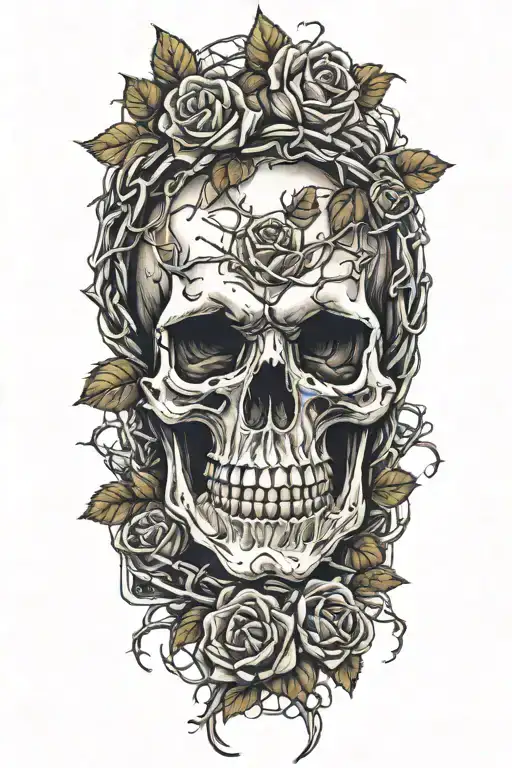 Skull And Roses And Barbed Wire Intertwined