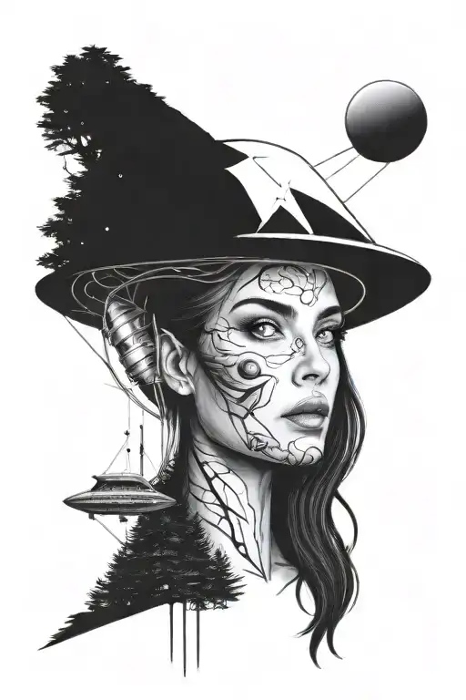 Space Ufo Forest Woman Face