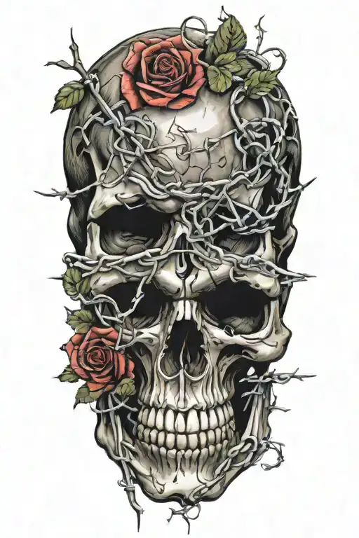 Skull And Roses And Barbed Wire Intertwined