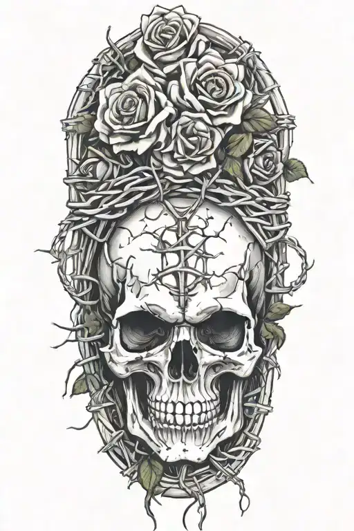 Skull And Roses And Barbed Wire Intertwined