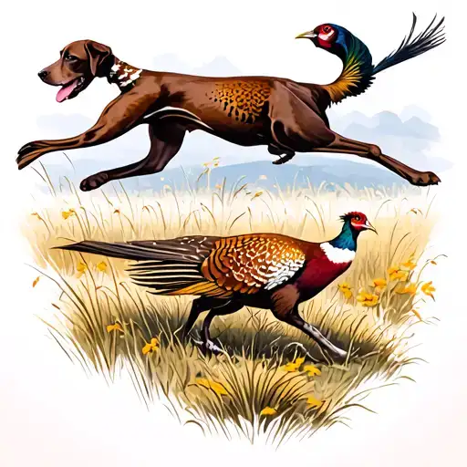 A German Shorthaired Pointer Chasing A Pheasant In A Field