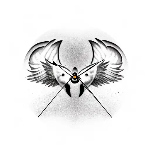 Two Black Cats Facing Each Other With Angel Wings And Halos With A Clock Behind Them