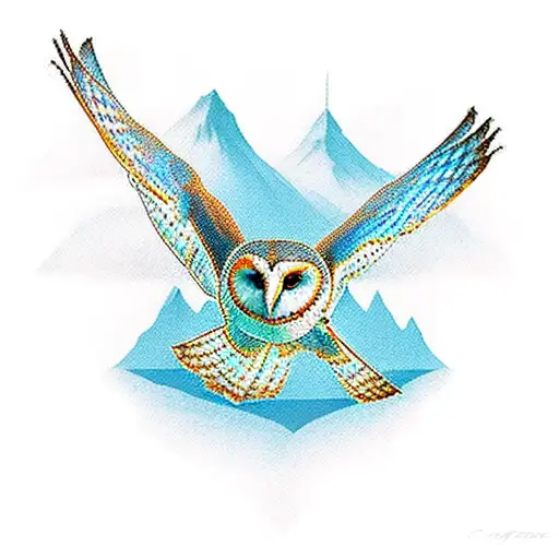 An Underwater Scene With A Majestic Barn Owl Flying Over The Ocean And Mountains In The Background