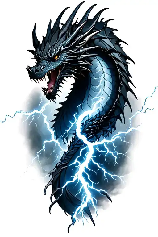 Black Dragon On Shoulder Breathing Lightning Down Arm