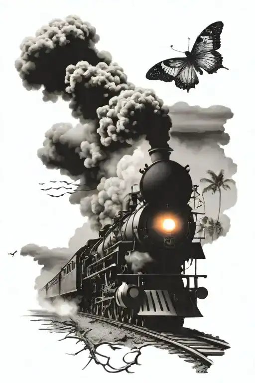 Steam Train Blowing Smoke In The Shape Of A Butterfly And Rhe Tracks Are On A Beach With Palm Treees