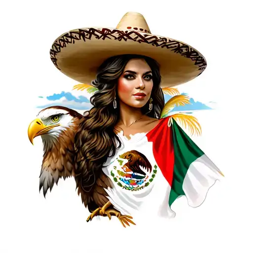 A Woman With A Sombrero And An Eagle And Mexican Flag
