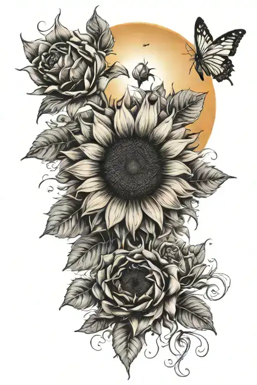 Sunflower Surrounded By Roses With Sunset In Background