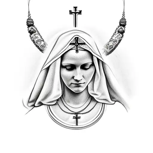 Mother Mary Head With Praying Hands And A Rosary Bead