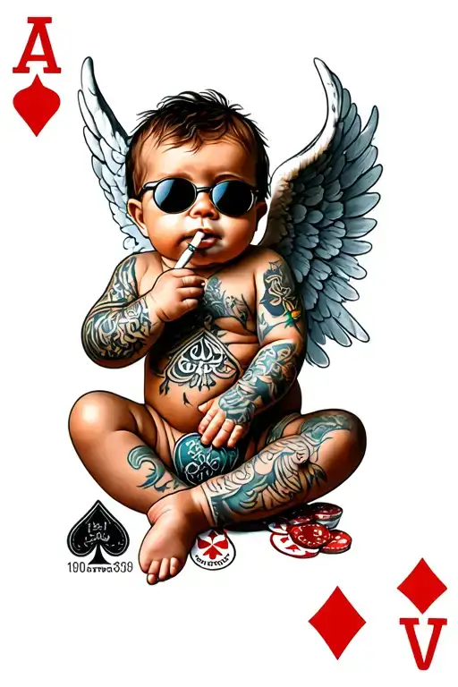 Baby Angel With Tattoos And Sigaret And Sun Glasses On Poker Card