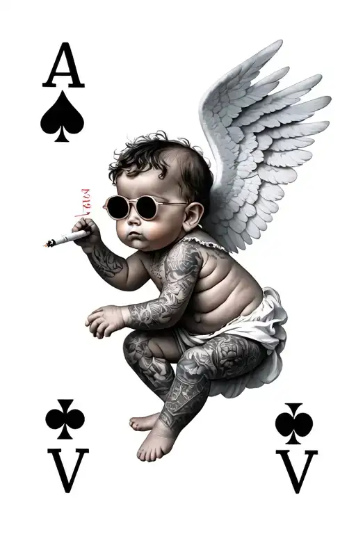 Baby Angel With Tattoos And Sigaret And Sun Glasses On Poker Card Back And Grey