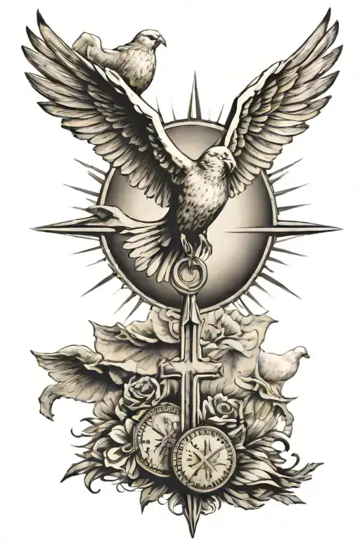 Cross With Doves Flying Towards The Sun With A Penny