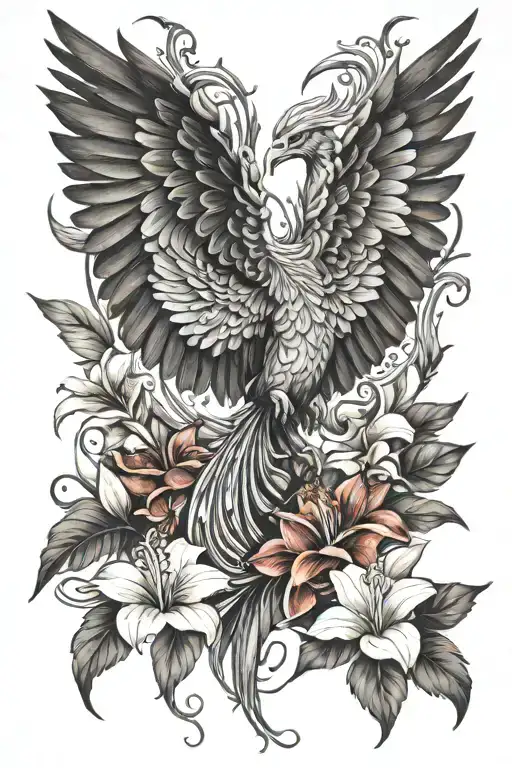 Phoenix With Outstretched Wings With Lilies And Hibiscus Flowers Autozr