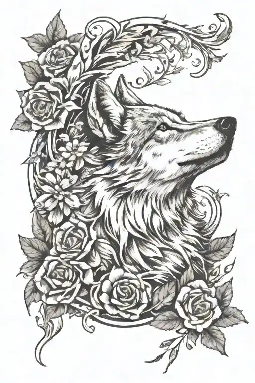 Wolf Howling And Flowers Wrapped