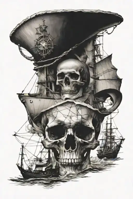 Skull Head Fading Into A Map With A Ship Sailing