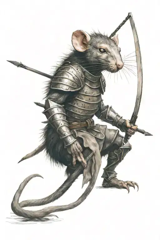 Humanoid Rat Warrior With Black Fur Covered In Plate Armor Holding Spear With Scars In A Stance