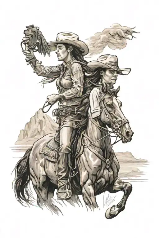 Cowgirl Standing In Foreground With Horse Behind Her