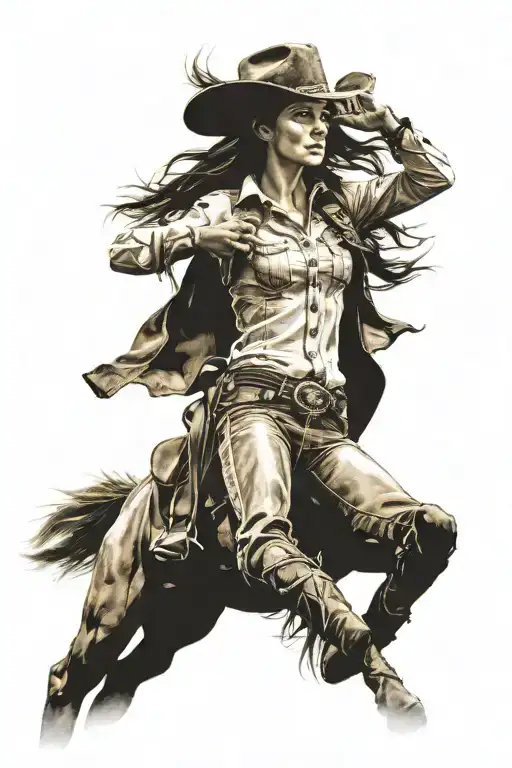 Cowgirl Standing In Foreground With Horse Galloping