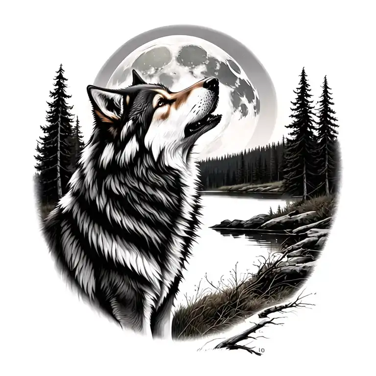 Adult Wolf Howling At The Moon In The Distance With Forest Lake Behind