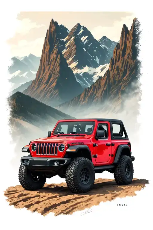 Red Open Jeep Standing In Front Of A Offdriving Mountain