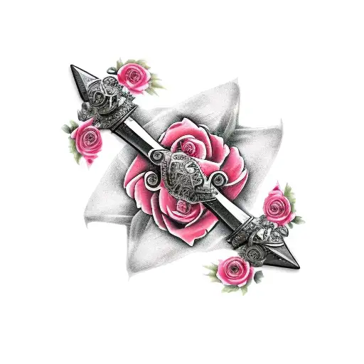 Two Swords With Roses And Old German Lettering
