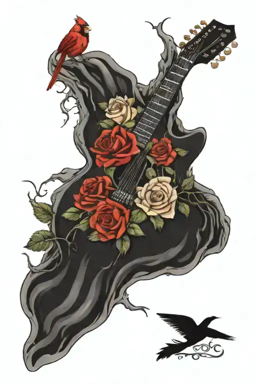Cardinal And Cascade Of Roses In Front Of Guitar