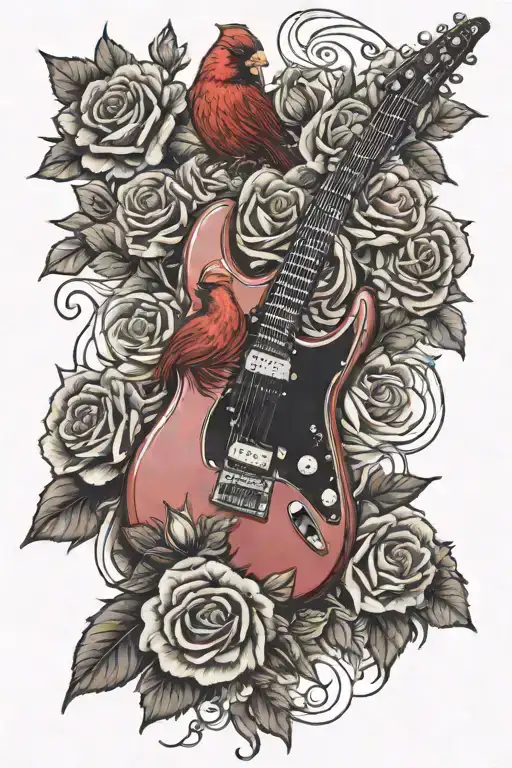 Memorial Cardinal And Cascade Of Roses In Front Of Red Electric Guitar