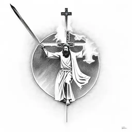 Jesus Holding Excalibur In One Hand And A Cross In The Other