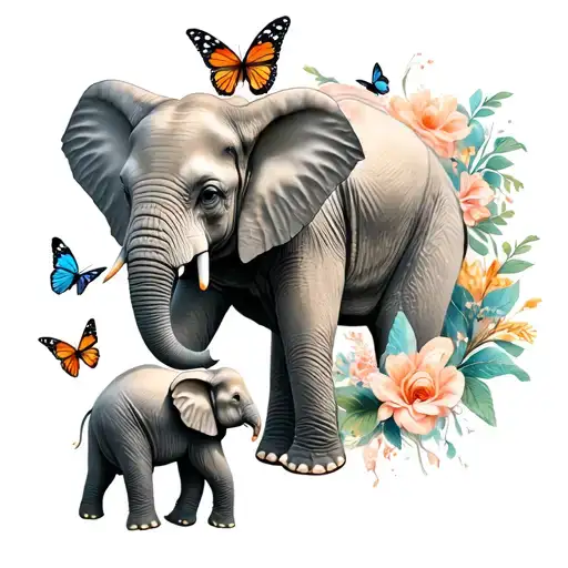 Two Elephants One Mama And One Baby With Butterflies Around Them