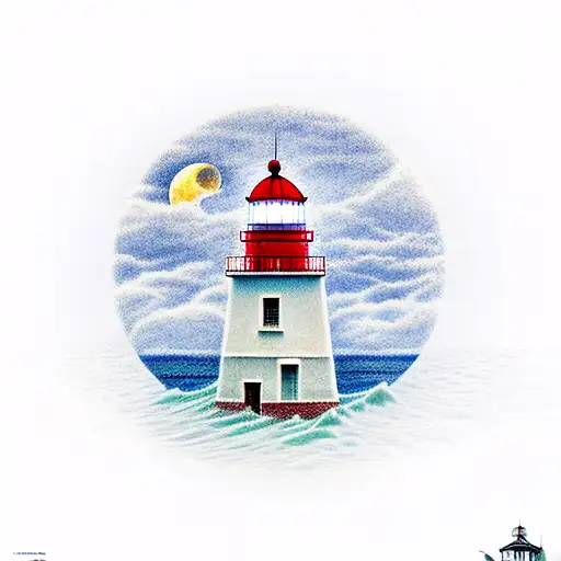 A Lighthouse On An Island In The Middle Of The Sea With The Moon Above It