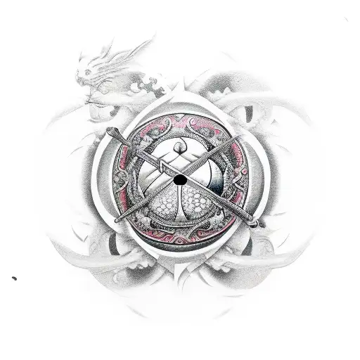 Katana Sword Slicing Through A Yin Yang Symbol Surrounded By Cherry Blossoms