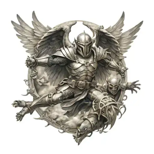Armored Angel Diving To Earth Fighting Demons