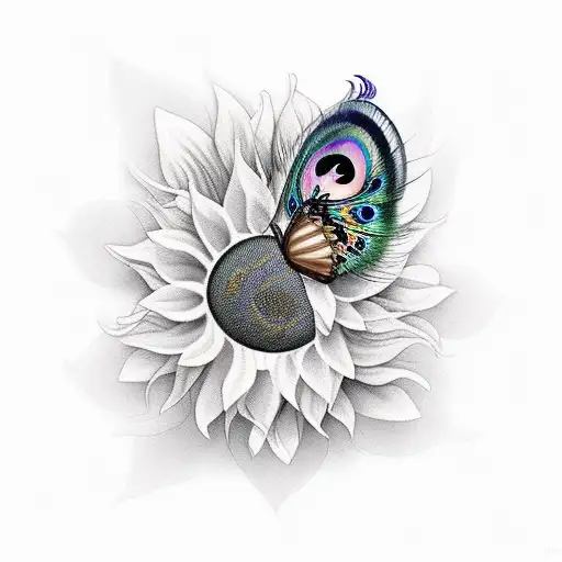 Sunflowers With Peacock Feather And Butterfly