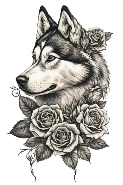 Husky And Roses Entwined